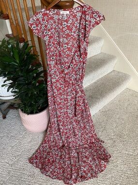 Max Studio Bohemian True Wrap Red Floral Maxi Dress with Ruffle Hem